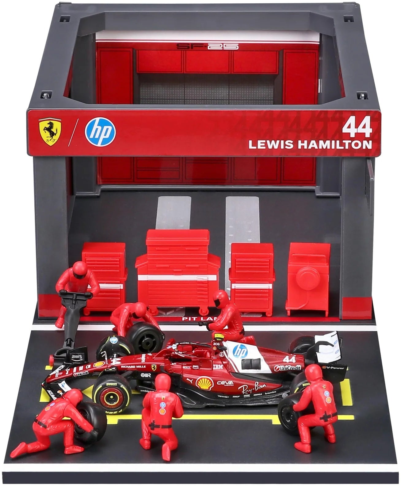 Ferrari SF-25 F1 2025 Lewis Hamilton Pit Pass Diorama Bburago à l'échelle 1:43