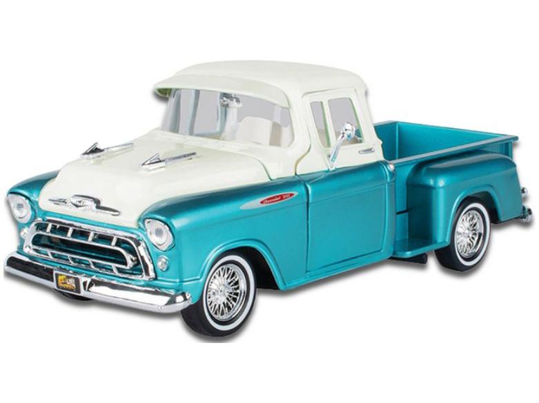 Chevy 3100 Stepside 1957 Turquoise/White 'Get Low' 1:24 Scale Diecast Pickup – Motormax-Motormax-Diecast Model Centre