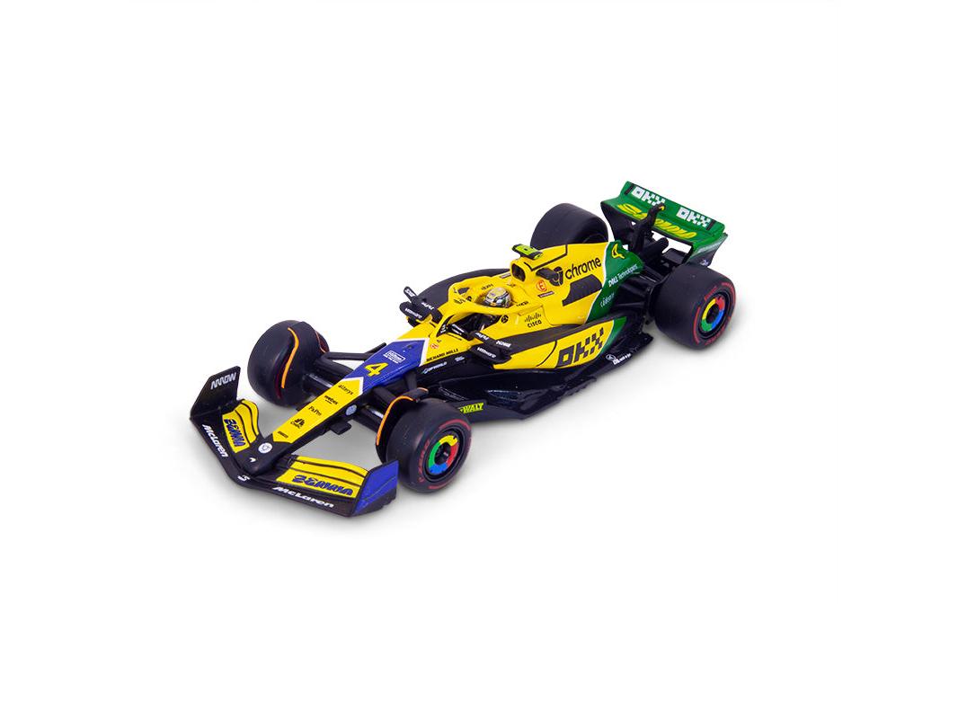 McLaren F1 Team MCL38 Senna Livery #4 F1 Monaco GP 2024 Lando Norris 1:43 Scale Bburago Model Car (w/helmet)