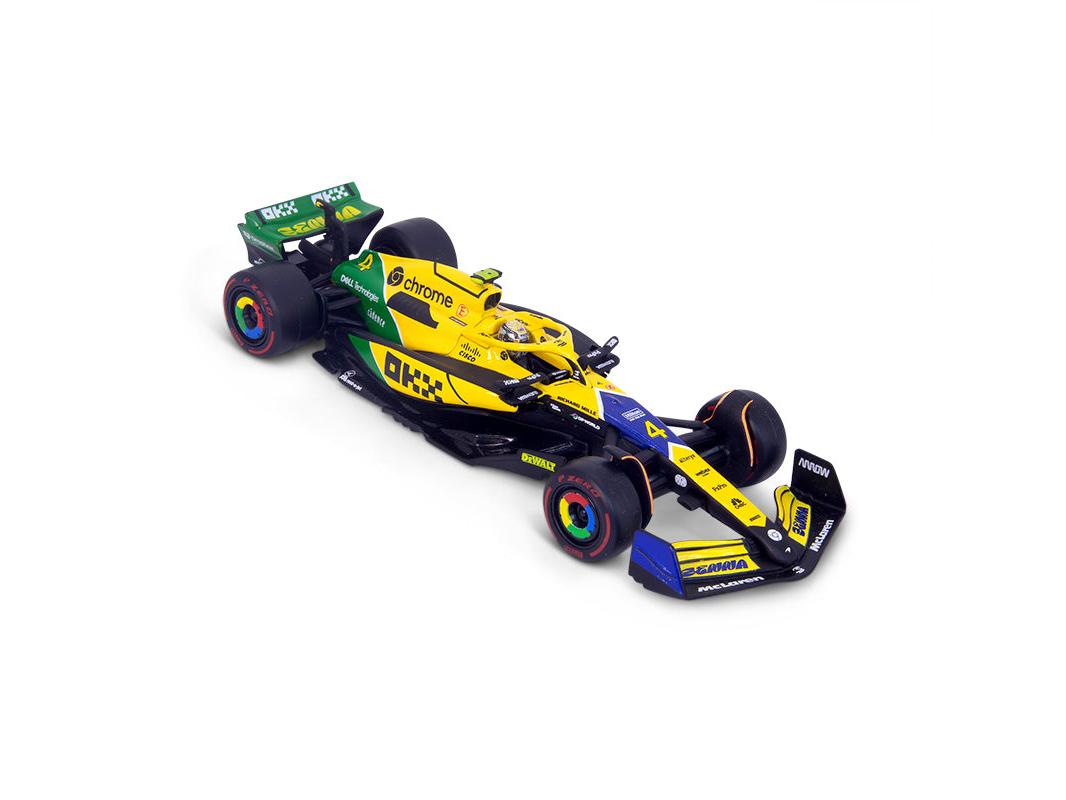 McLaren F1 Team MCL38 Senna Livery #4 F1 Monaco GP 2024 Lando Norris 1:43 Scale Bburago Model Car (w/helmet)