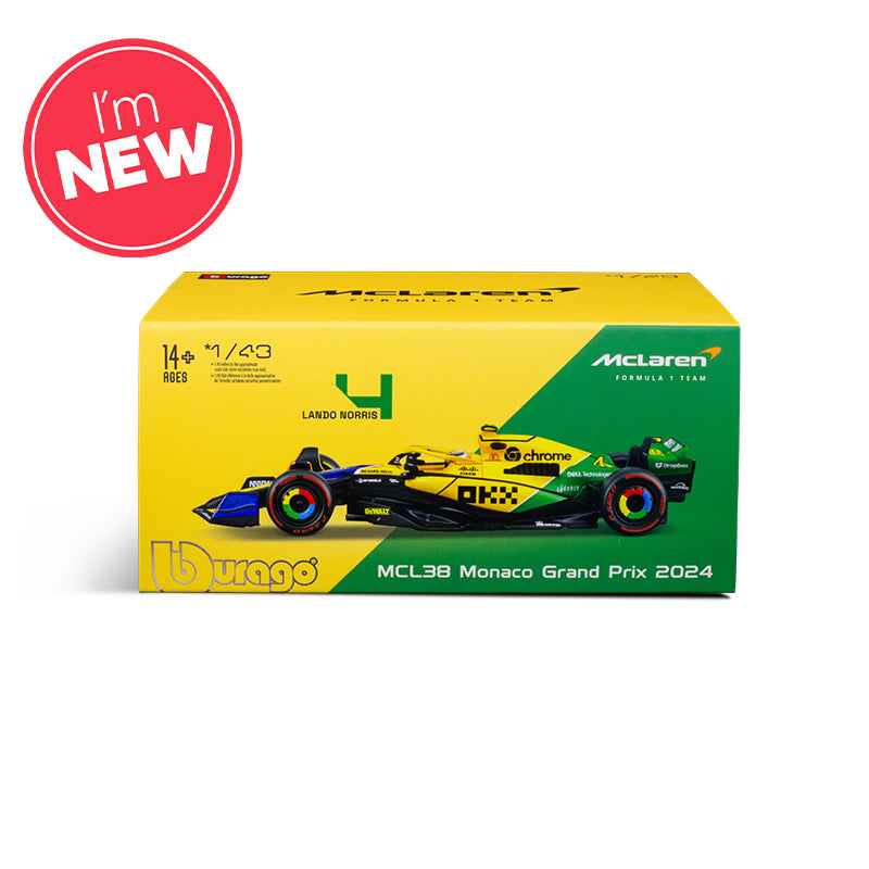 McLaren F1 Team MCL38 Senna Livery #4 F1 Monaco GP 2024 Lando Norris 1:43 Scale Bburago Model Car (w/helmet)