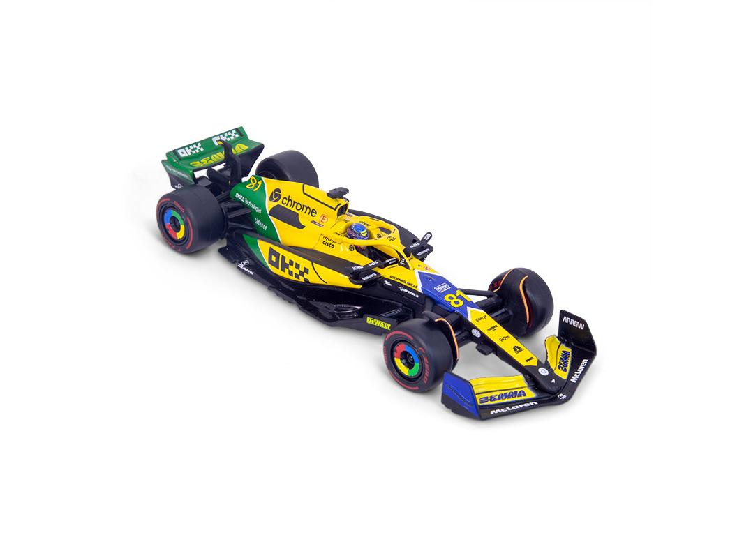 McLaren F1 Team MCL38 Senna Livery #81 F1 Monaco GP 2024 Oscar Piastri 1:43 Scale Bburago Model Car (w/helmet)