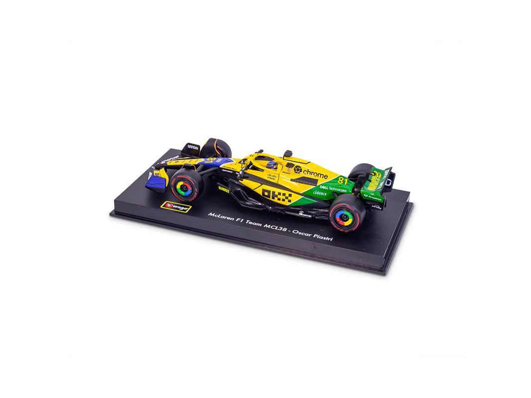 McLaren F1 Team MCL38 Senna Livery #81 F1 Monaco GP 2024 Oscar Piastri 1:43 Scale Bburago Model Car (w/helmet)