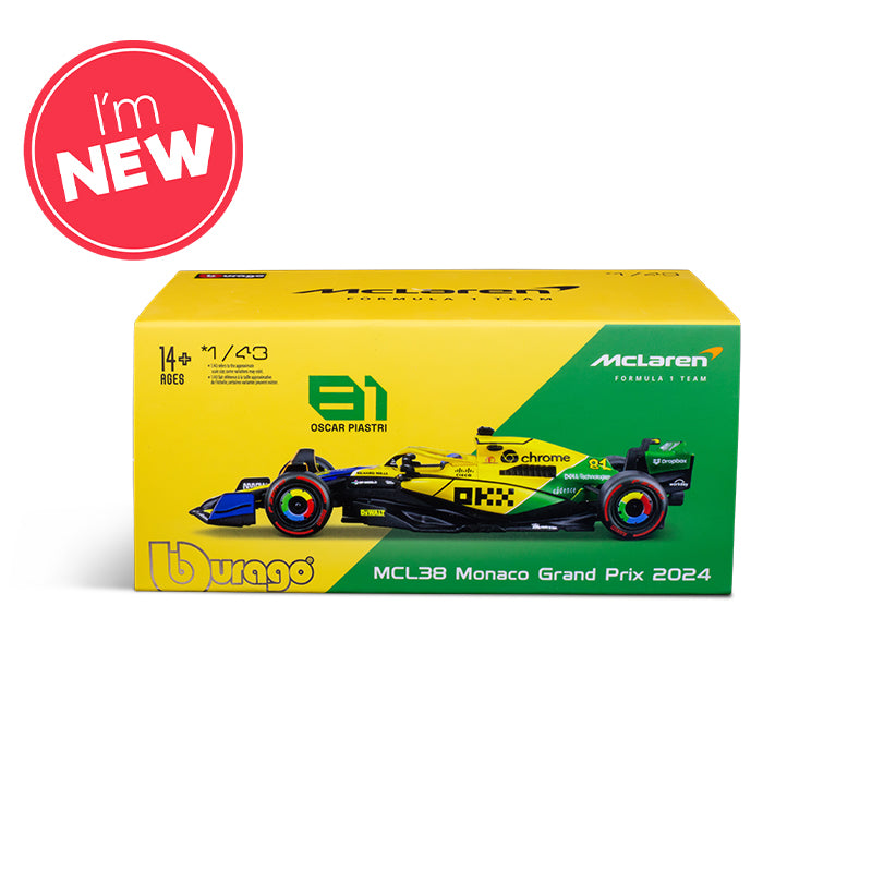 McLaren F1 Team MCL38 Senna Livery #81 F1 Monaco GP 2024 Oscar Piastri 1:43 Scale Bburago Model Car (w/helmet)