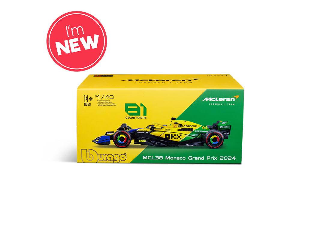 McLaren F1 Team MCL38 Senna Livery #81 F1 Monaco GP 2024 Oscar Piastri 1:43 Scale Bburago Model Car (w/helmet)