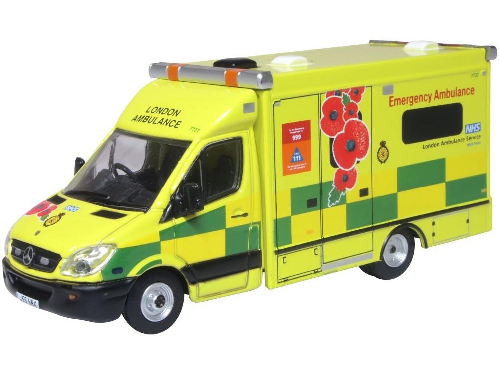 Mercedes Ambulance London Ambulance Service Remembrance Day 1:76 Scale Diecast Model – Oxford Diecast-Oxford Diecast-Diecast Model Centre