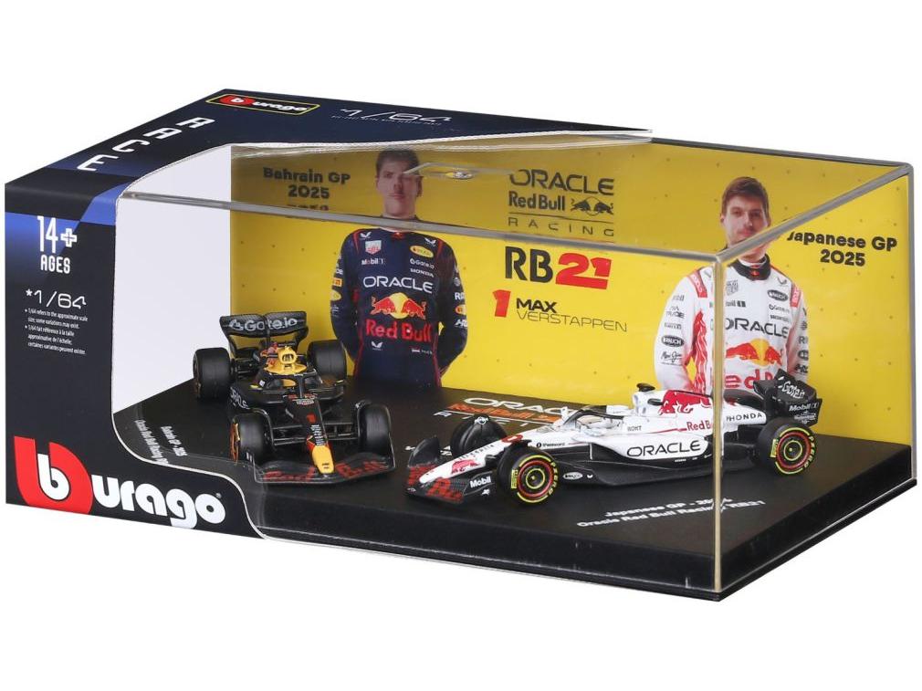 Oracle Red Bull RB21 F1 Bahrain + Japanese GP's 2025 #1 Max Verstappen 2 Car Set 1:64 Scale Bburago Diecast Model Cars-Bburago-Diecast Model Centre