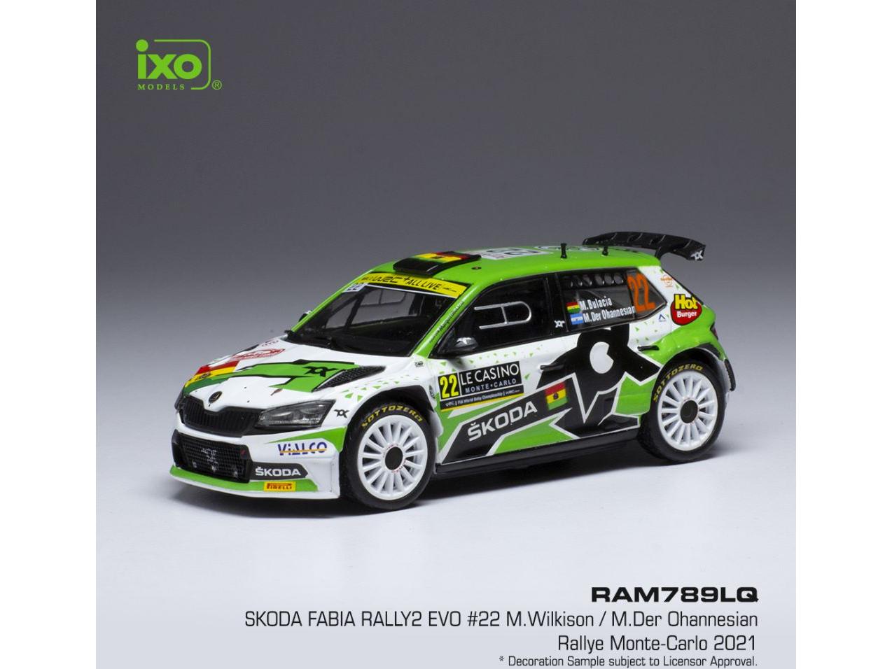Skoda Fabia Rally2 EVO #22 Rally Monte Carlo 2021 M.B Wilkinson/M.Der Ohannesian 1:43 Scale IXO Diecast Model Car-IXO-Diecast Model Centre