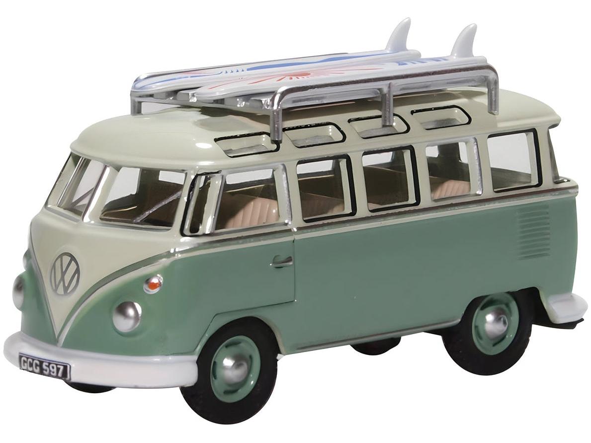 VW T1 Samba Bus w/Surfboards Turquoise/Blue White 1:76 Scale Diecast – Oxford Diecast-Oxford Diecast-Diecast Model Centre