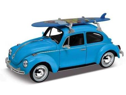 Volkswagen Beetle C/W Surf Board Light Blue 1:24 Scale Welly Diecast Model-Welly-Diecast Model Centre