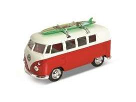 Volkswagen T1 Bus 1962 Surf Red/White c/w Surf Board on Roof 1:24 Scale Welly Diecast Model-Welly-Diecast Model Centre