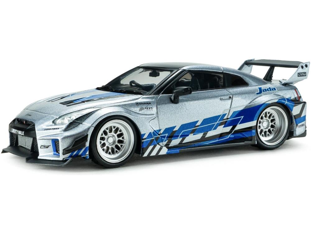 Nissan GT-R (R35) Liberty Walk Silhouette Silver and Blue Stripes 2020 1:43 Scale Diecast Model Car – Solido