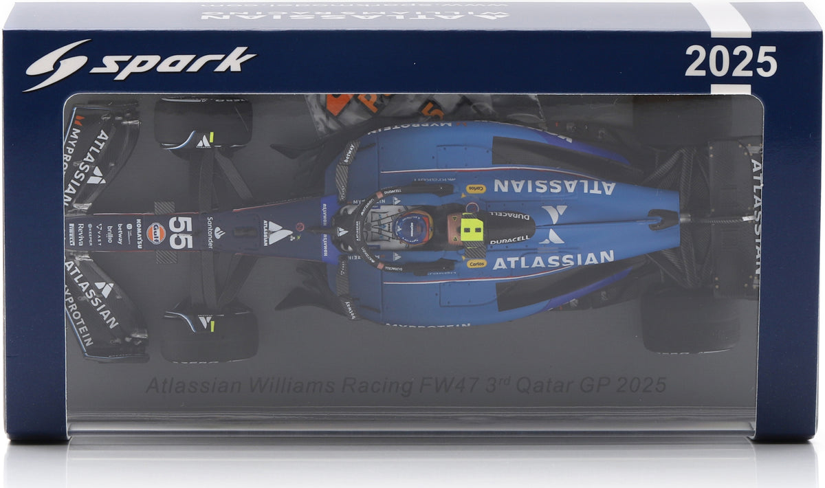Atlassian Williams FW47 #55 3rd F1 Qatar GP 2025 Carlos Sainz w/Pit Board 1:43 Scale Resin Car – Spark