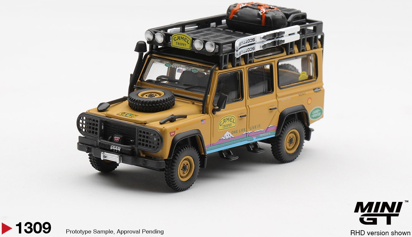 Land Rover Defender 110 1998 Camel Trophy Tierra Del Fuego CT.10 USA (RHD) Blister Packaging 1:64 Scale Diecast Model Car – MINI GT