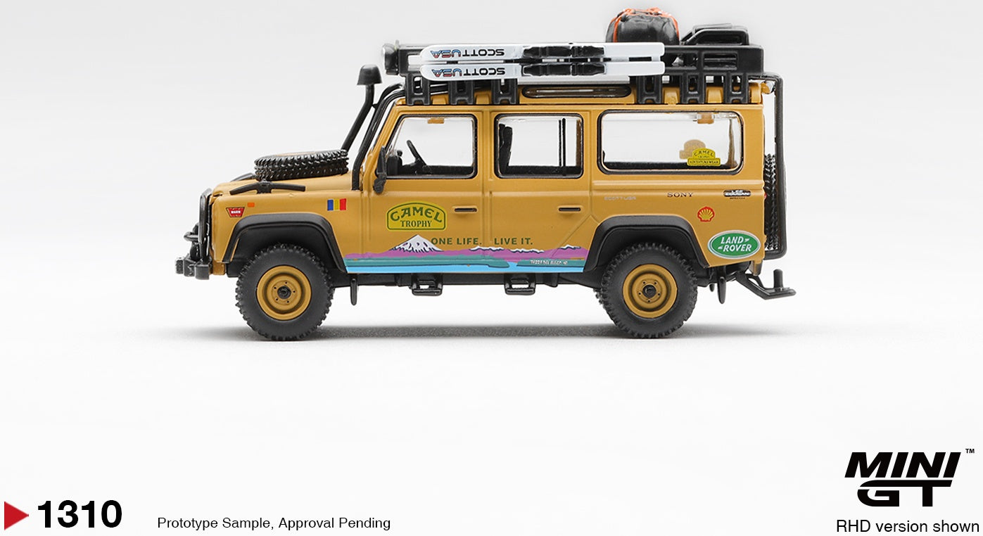 Land Rover Defender 110 1998 Camel Trophy Tierra Del Fuego CT.36 Romania (RHD) Blister Packaging 1:64 Scale Diecast Model Car – MINI GT