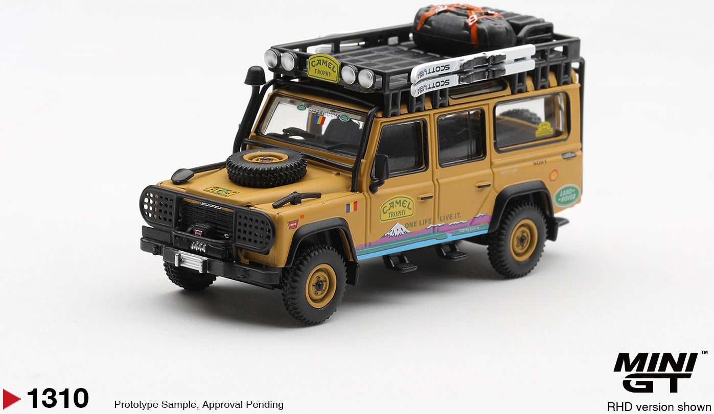 Land Rover Defender 110 1998 Camel Trophy Tierra Del Fuego CT.36 Romania (RHD) 1:64 Scale Diecast Model Car – MINI GT