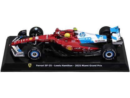 Ferrari SF-25 F1 GP de Miami 2025 con casco #44 Lewis Hamilton Coche de metal fundido a escala 1:24 Bburago