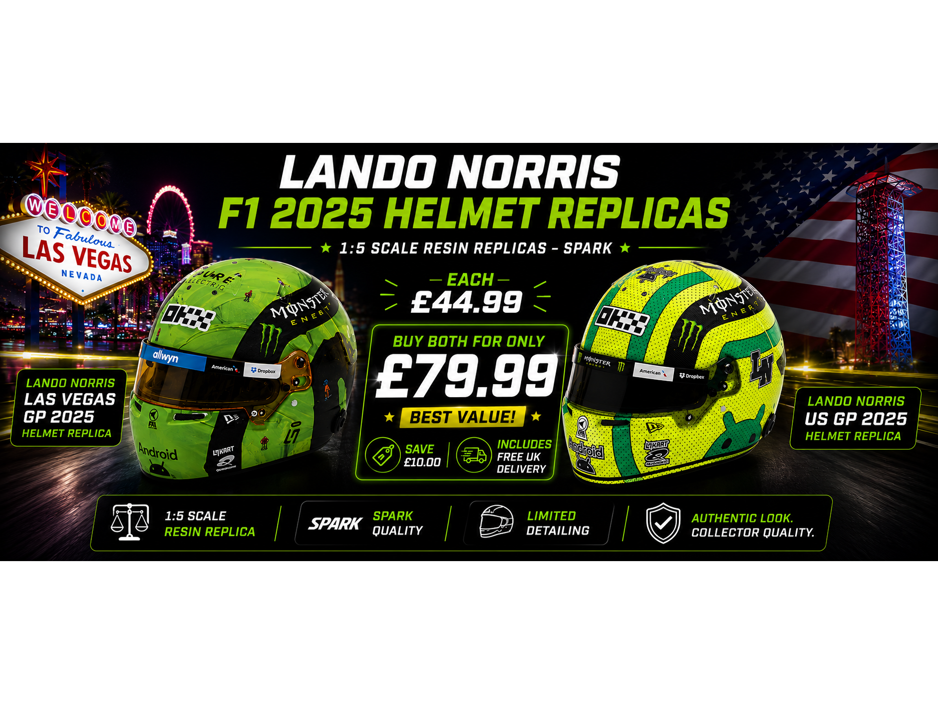 Lando Norris F1 US and Las Vegas GP 2025 Helmets 1:5 Scale Resin Replica – Spark