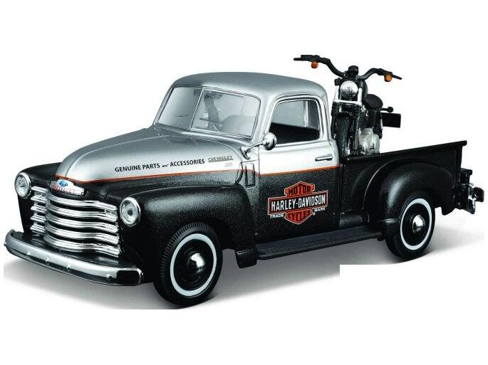 Chevrolet 3100 1950 Black/Silver + Harley-Davidson FL Panhead 1:24 Scale Diecast Model Car – Maisto-Maisto-Diecast Model Centre