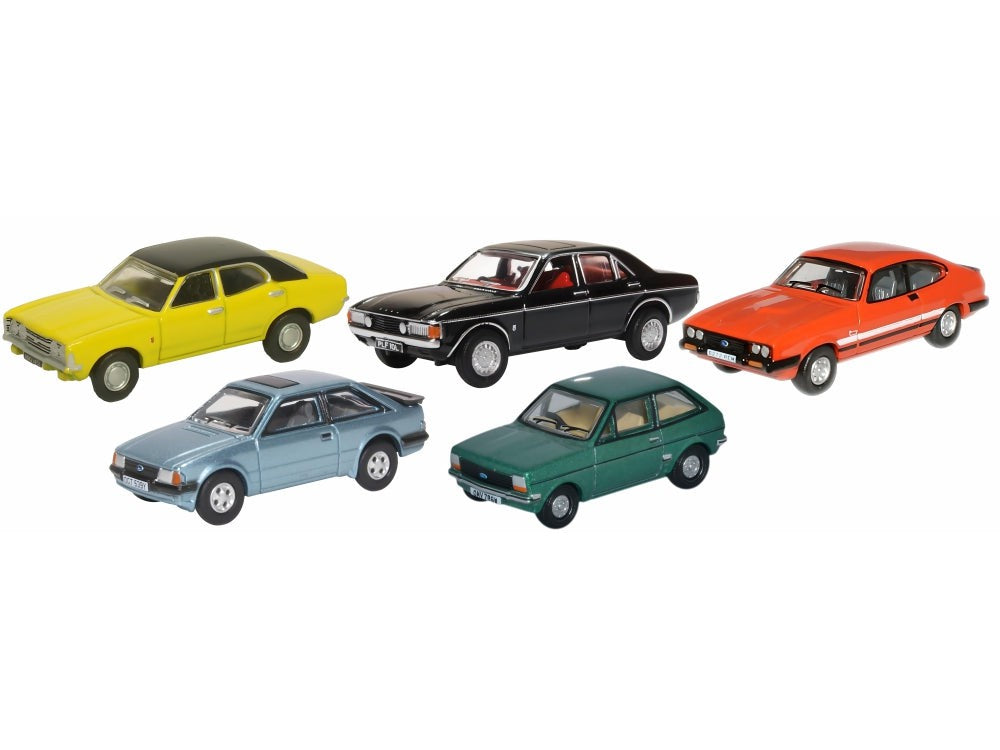 Ford 5 Piece Set Fiesta Mk1/Escort XR3i/Cortina Mk3/Capri Mk3/Consul Granada - 1:76 Scale Diecast Model Cars-Oxford Diecast-Diecast Model Centre