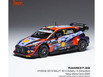 Hyundai i20 N Rally1 #2 WRC Rally Monte Carlo 2022 O.Solberg/E.Edmondson 1:43 Scale IXO Diecast Model Car-IXO-Diecast Model Centre