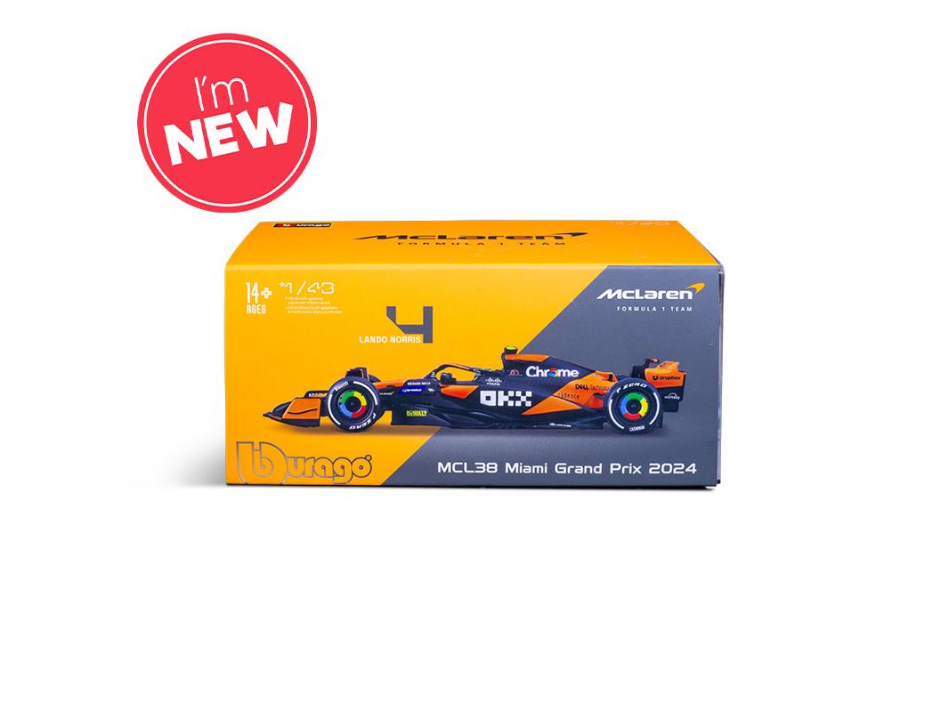 McLaren F1 Team MCL38 #4 F1 Miami GP 2024 Lando Norris 1:43 Scale Bburago Diecast Model (w/helmet)-Bburago-Diecast Model Centre