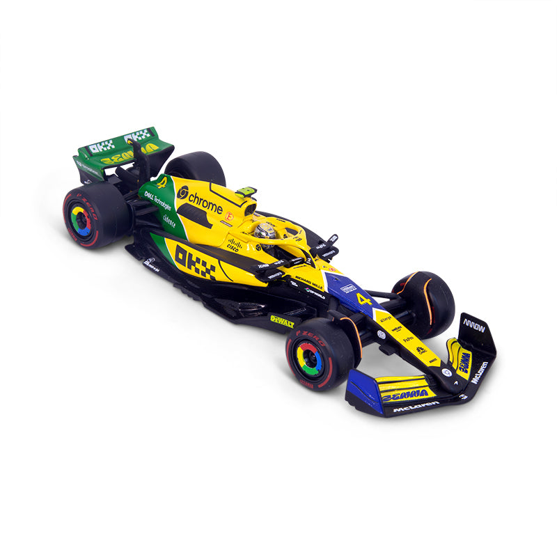 McLaren F1 Team MCL38 Senna Livery #4 F1 Monaco GP 2024 Lando Norris 1:43 Scale Bburago Model Car (w/helmet)