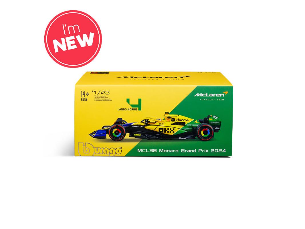 McLaren F1 Team MCL38 Senna Livery #4 F1 Monaco GP 2024 Lando Norris 1:43 Scale Bburago Model Car (w/helmet)