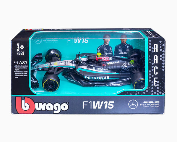 A 1:43 scale diecast model of the Mercedes-AMG F1 W15 E PERFORMANCE Formula 1 car, featuring Lewis Hamilton's livery, packaged in a box with the Bburago logo.