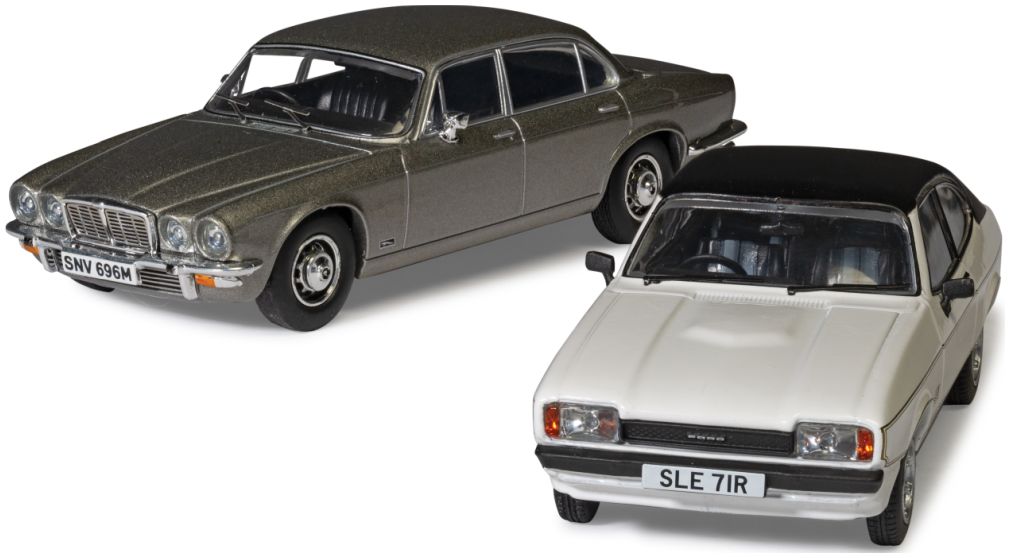 Screen Stars Ford Capri Mk2 2.0S Diamond White + Jaguar XJ6 Series 2 Silver 1:43 Scale Corgi Diecast Model-Corgi-Diecast Model Centre