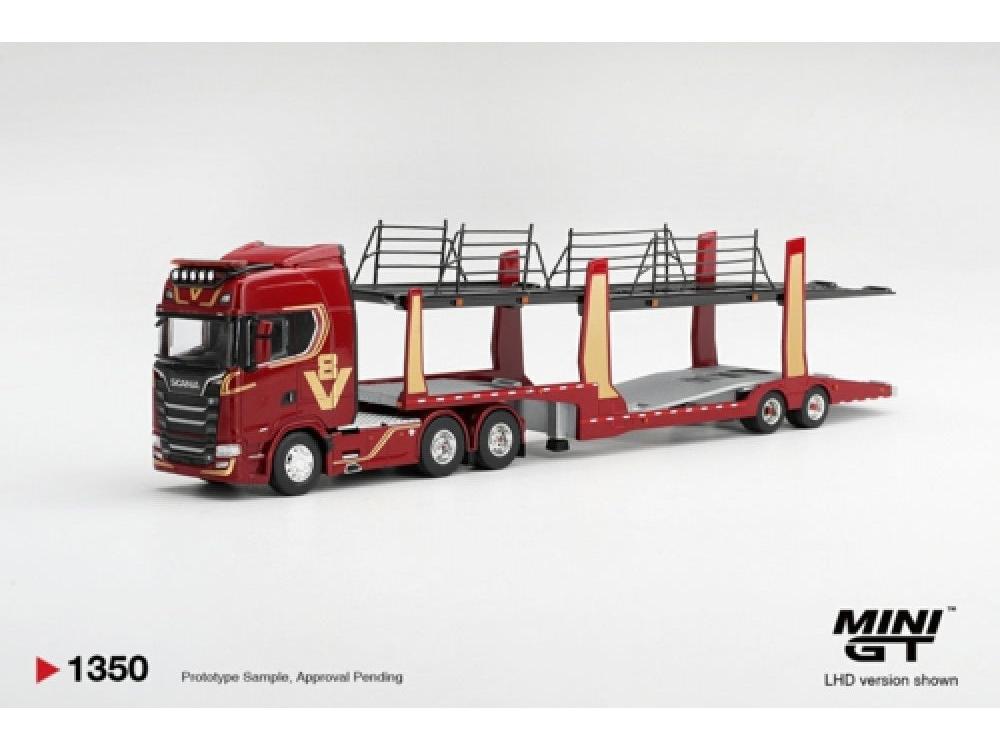 Scania 770S A6X4NA Car Transporter V8 50th Anniversary Plus Car Transporter Red (RHD) 1:64 Scale Diecast Truck – MINI GT