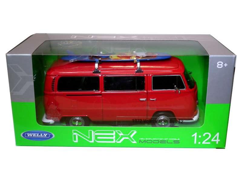 Volkswagen T2 Bus 1972 c/w Surf Board Red 1:24 Scale Welly Diecast Model-Welly-Diecast Model Centre