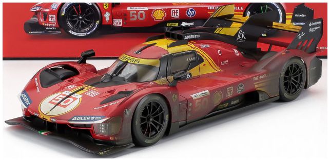 Ferrari 499P 3.0L Turbo V6 AF Corse #50 Winner 24h Le Mans 2024 (After Race Version) 1:18 Scale Diecast Model Car – Bburago