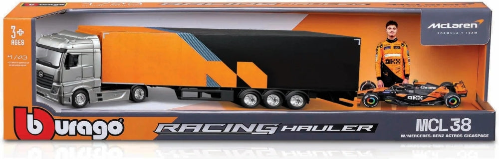 Mercedes-Benz Actros McLaren Racing Transporter 2024 + 1 MCL38 Norris Car 1:43 Scale Model Truck & Cars