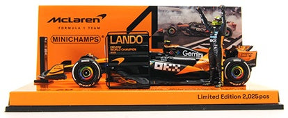 McLaren F1 Team MCL39 World Champion F1 Abu Dhabi GP 2025 Lando Norris w/Standing Figure + Pitboard 1:43 Scale Diecast Car – Minichamps
