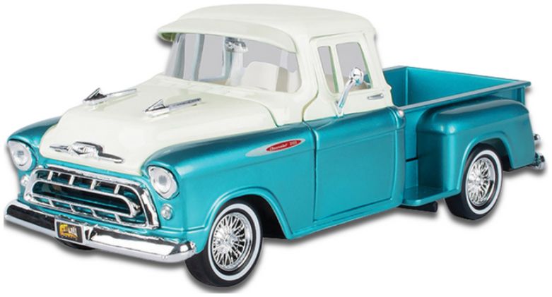 Chevy 3100 Stepside 1957 Turquoise/White 'Get Low' 1:24 Scale Diecast Pickup – Motormax