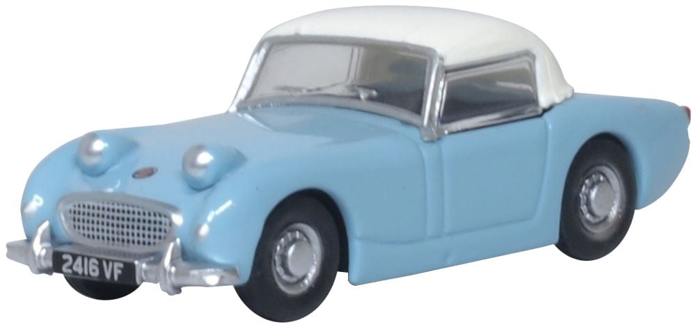 Austin Healey Frogeye Sprite Iris Blue/Old English White 1:76 Scale Diecast Model Car – Oxford Diecast