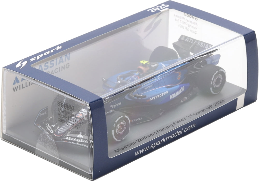 Atlassian Williams FW47 #55 3rd F1 Qatar GP 2025 Carlos Sainz w/Pit Board 1:43 Scale Resin Car – Spark