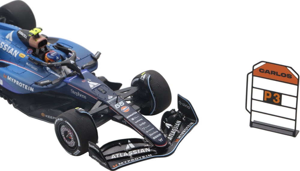 Atlassian Williams FW47 #55 3rd F1 Qatar GP 2025 Carlos Sainz w/Pit Board 1:43 Scale Resin Car – Spark