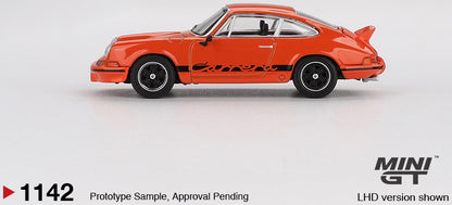 Porsche 911 Carrera RS 2.7 Tangerine w/Black Livery (RHD) 1:64 Scale Diecast Model Car – MINI GT