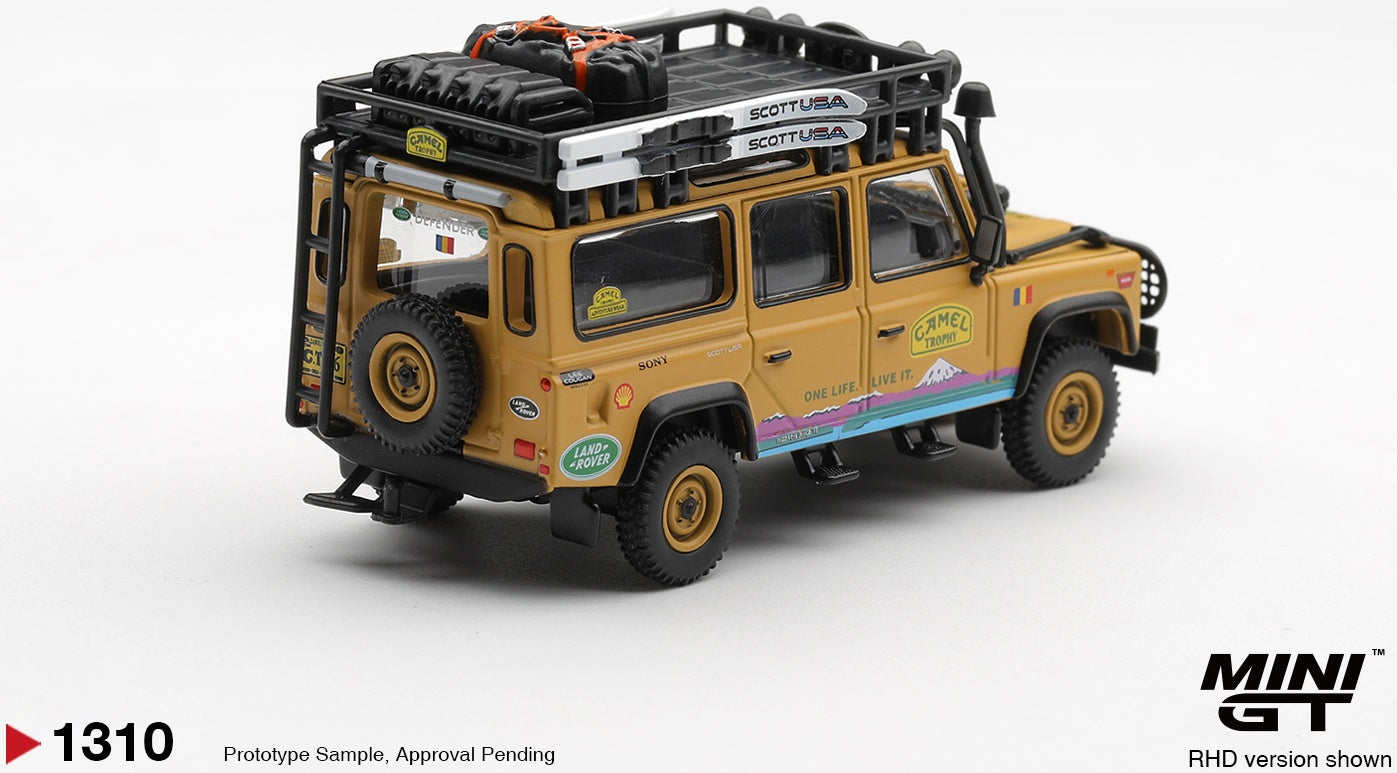 Land Rover Defender 110 1998 Camel Trophy Tierra Del Fuego CT.36 Romania (RHD) Blister Packaging 1:64 Scale Diecast Model Car – MINI GT